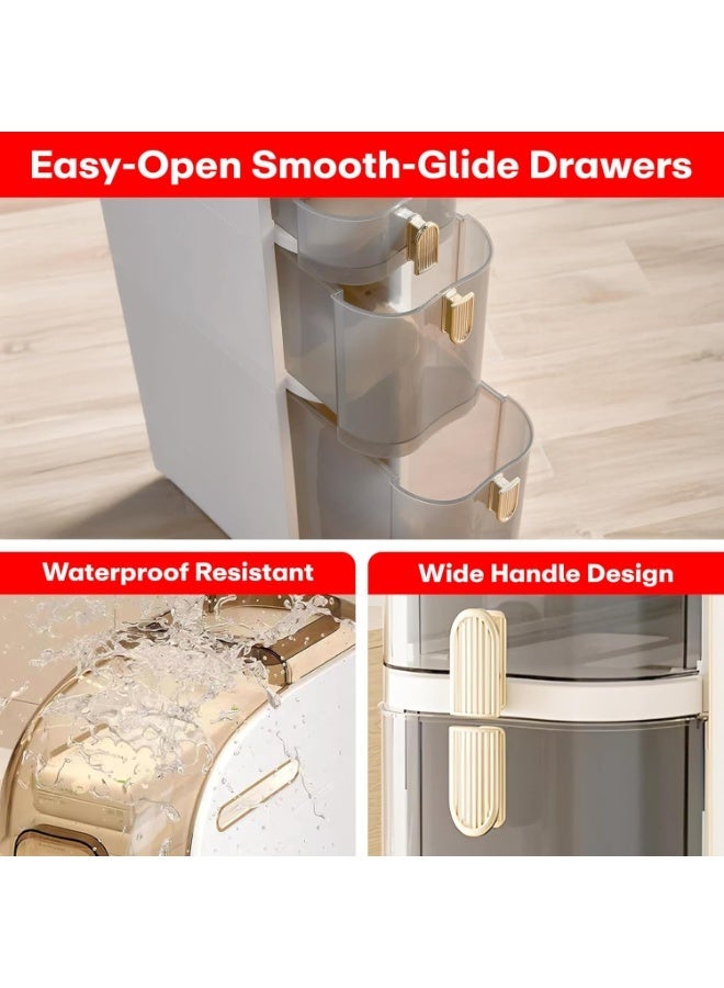 ناما خزانة أرضية ضيقة للحمام بأربع طبقات مع درج بلاستيك ٧.١ بوصة ومنظم ومعاها علبة مناديل وعجلات، خزانة حمام رفيعة مضادة للمية للطبخ الصغير وغسيل الملابس وغرفة المعيشة والفجوة عند التواليت - Image 2